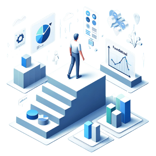 A digital illustration of a person standing on a platform among various 3d charts and infographics, symbolising data analysis or business strategy.