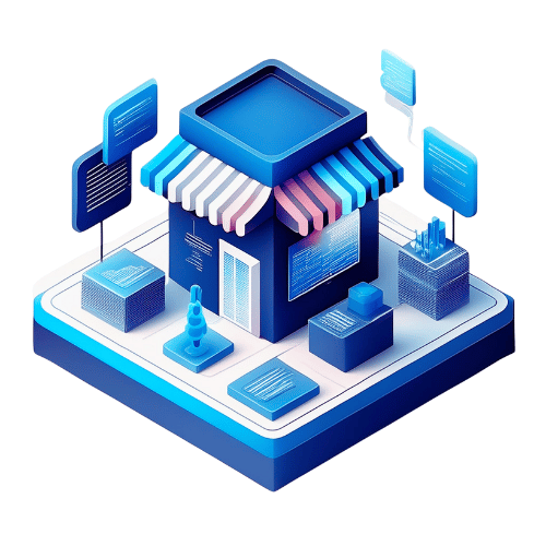 Isometric illustration of a shop in the center of a platform with bar graphs and screens displaying information