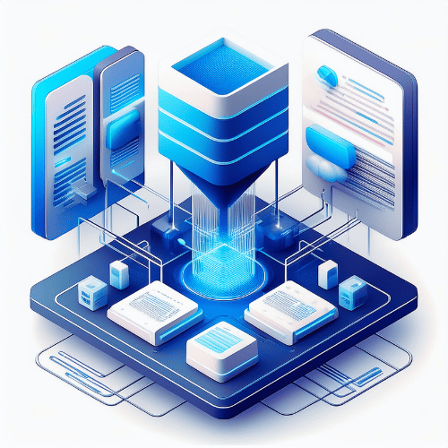 Isometric illustration of a data stack funneling information onto various stacks of paper on a blue platform