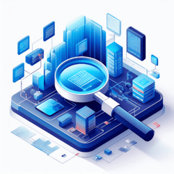 Isometric illustration of data centers being examined closely by a magnifying glass