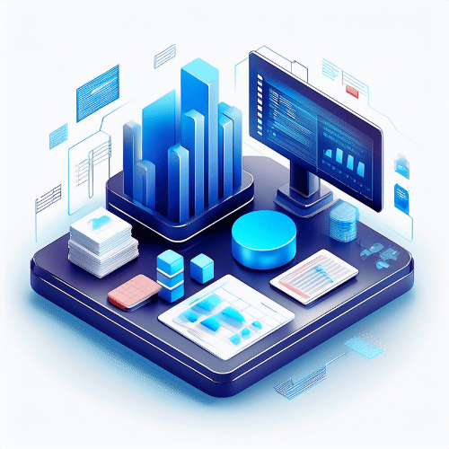 Isometric illustration of a platform with a display screen showing data, accompanied by bar graphs and data stacks on a raised platform