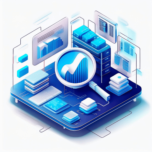 Isometric illustration of a magnifying glass over a bar graph with a data bank and data projected on screens on a blue platform