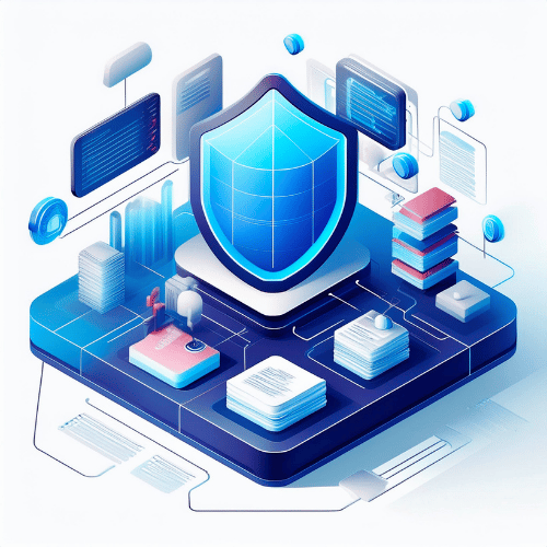 Illustration of an insurance badge displayed in the center of a platform, surrounded by data banks, bar graphs, and connected display screens