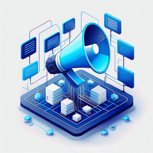 Illustration of a megaphone placed in the center of a platform, surrounded by data banks and display screens feeding information to the megaphone