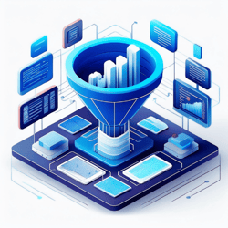 Isometric illustration depicting a graph in a funnel, surrounded by digital displays representing an analytics platform