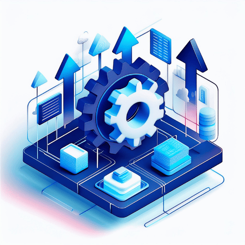 Isometric illustration showing two cogs in the center of a blue platform with upward-moving arrows, representing operational data improvement