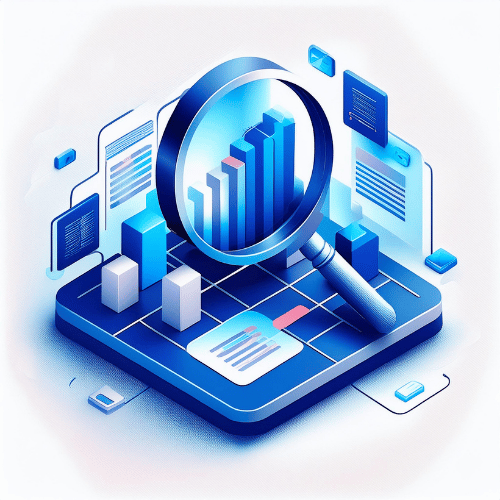 Isometric illustration of a magnifying glass inspecting a bar graph with data banks and display screens in the background on a platform 