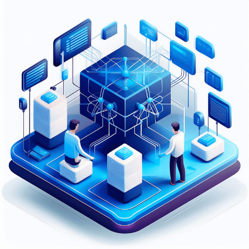 Isometric illustration of two people standing on a platform with a neural network hub feeding data to data stacks and screens