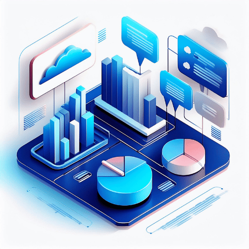 Isometric illustration depicting graphs and pie charts on a blue platform surrounded by speech bubbles and a cloud icon