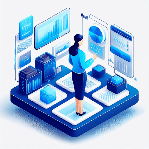 Isometric illustration of a woman analysing information from multiple display screens showing bar graphs and pie charts to make a decision