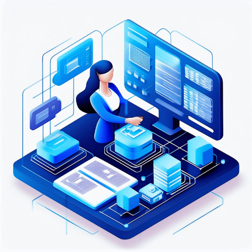 Isometric illustration of a woman working on a large desktop with data hubs around her on a blue platform