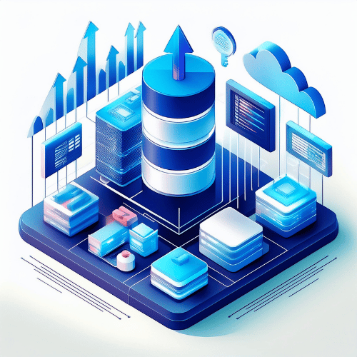 Isometric illustration of a data silo with an upward moving arrow surrounded by upward moving arrow graphs, cloud icon, data banks on a platform