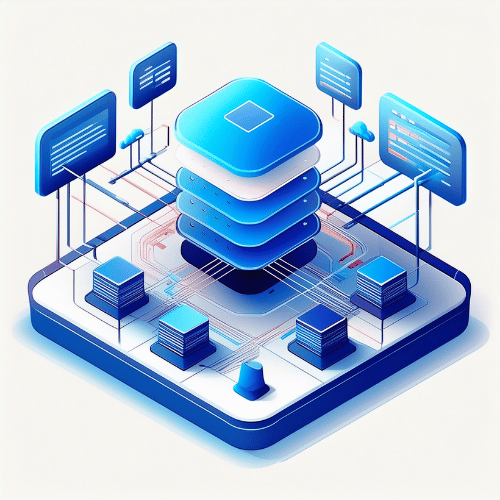 An isometric illustration of a central data stack connected with smaller data stacks on a blue and white platform