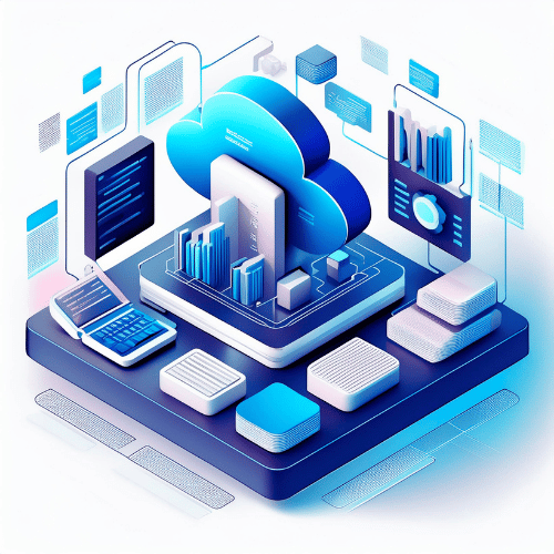 Isometric illustration of a cloud on a platform with bar graphs and screens displaying data
