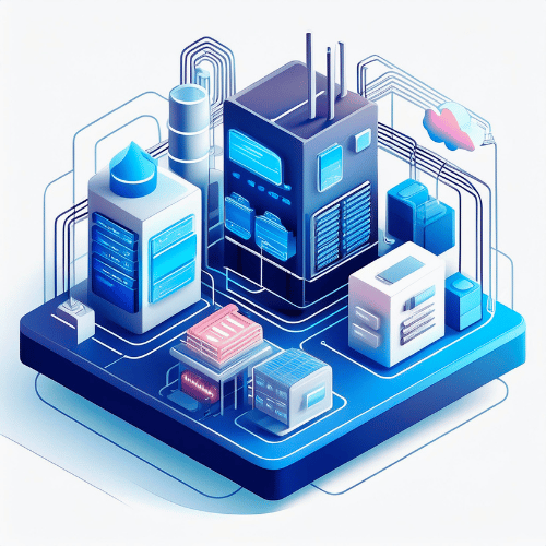 Isometric illustration of a data factory utilising cloud-based solutions for integration on a blue platform