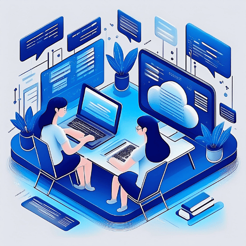 Isometric illustration with two women on a platform interacting with data sets and speech bubbles in the background