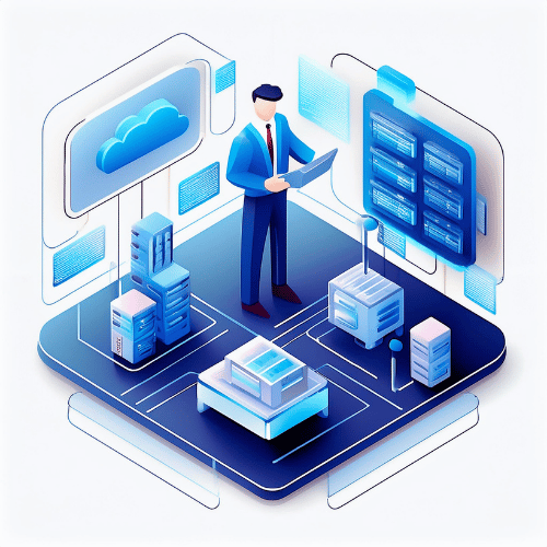 Isometric illustration of a man holding a laptop on a platform with data centers and cloud integration