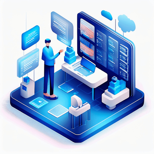 Isometric illustration of a man standing on a blue platform surrounded by cloud icons, various screens, and data being displayed