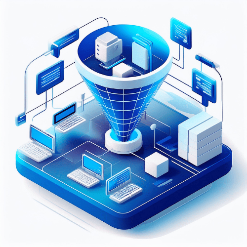Isometric illustration of servers arranged in a funnel, connecting to multiple laptops and screens to display information on a blue platform