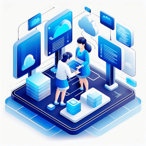 Isometric illustration of two women holding a laptop supporting each other through data integration on a blue platform