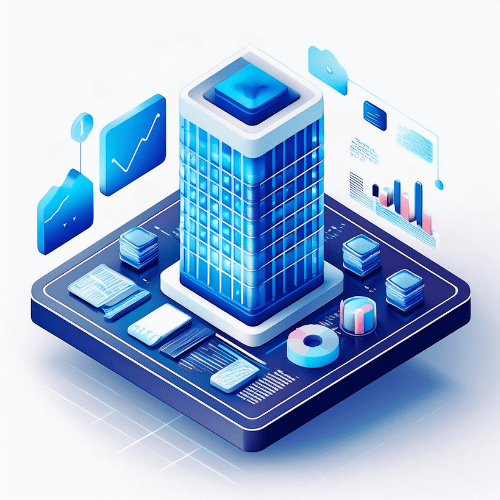 Isometric illustration of a high rise building standing on a platform surrounded by pie charts, line charts, and data visualisations