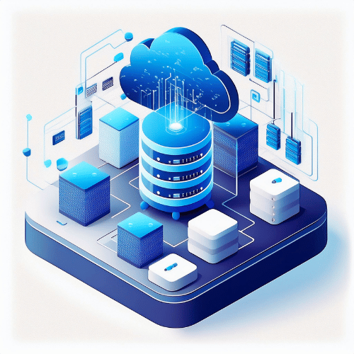 Isometric illustration of a data stack below a cloud, symbolising connectivity, with additional smaller data stacks on a blue and purple platform