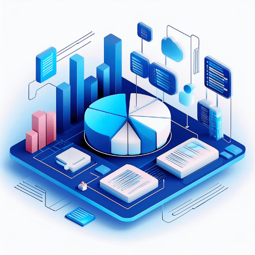 Isometric illustration showing a blue and white pie chart surrounded by various graphs and data points on a blue platform