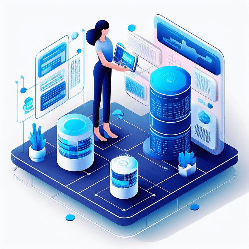 Isometric illustration of a woman standing on a blue raised platform, using a tablet to interact with data silos