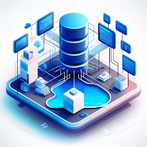 Isometric illustration of a data lake with a data silo connection, information displayed on various screens, and data banks on a raised platform