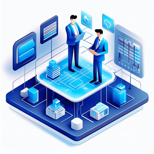 Isometric illustration of two men discussing marketing insights on a blue platform surrounded by data points