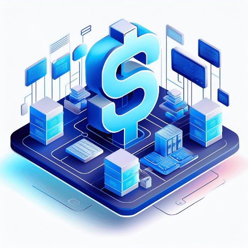 An isometric illustration showing an American dollar sign positioned at the center of data stacks and digital screens on a hovering blue platform