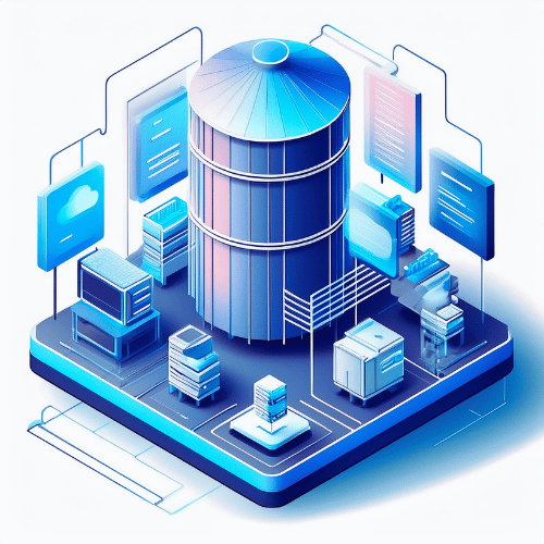 Isometric illustration of a silo on a blue platform surrounded by data points, cloud computing, and networks