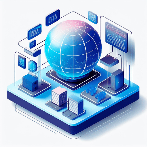 Isometric illustration of a globe positioned in the center of a blue platform with data stacks and display screens