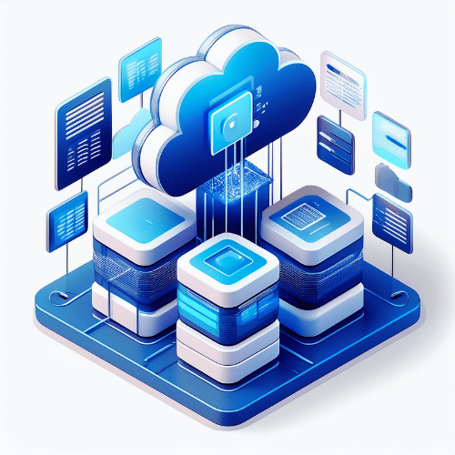 Isometric illustration of four data stacks connecting to a cloud with additional screens on a blue platform