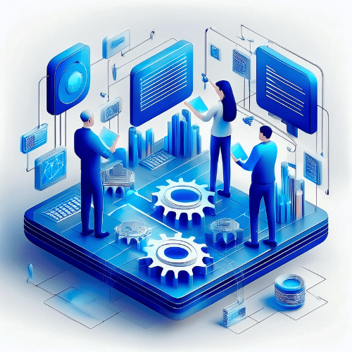 Isometric illustration featuring three people standing on a platform, working together to solve technical issues