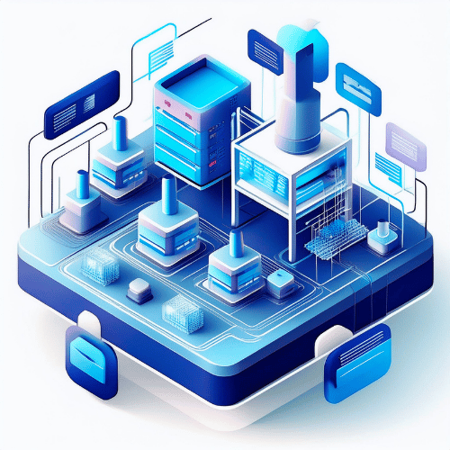 Isometric illustration of a data warehouse connected to multiple smaller warehouses on a blue and white platform