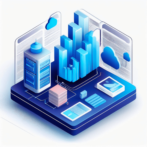 Isometric illustration depicting analytic enhancement with bar graphs in the center of a blue platform, surrounded by clouds and data points