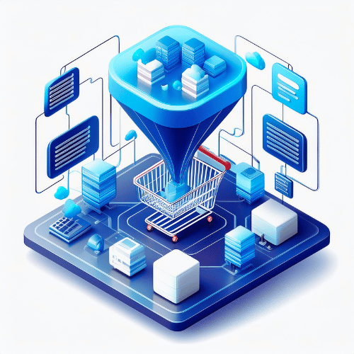 Isometric illustration of data stacks funneling into a shopping cart on a blue platform