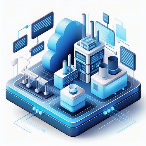 An isometric illustration of a factory with network connections leading to display screens and a data stack on a blue platform