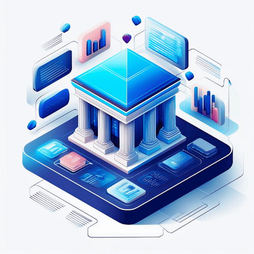 Isometric illustration of a bank building surrounded by bar graphs and display screens interlinked with networks