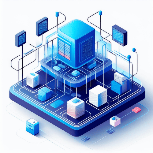 Isometric illustration of data banks connected by networks on a blue platform