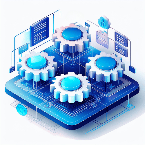 Isometric illustration showing four cogs connected to a blue platform by connection points and digital screens
