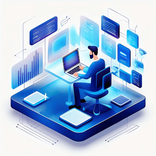 Isometric illustration of a man sitting at a desk working on his laptop with data displayed on various screens in the background