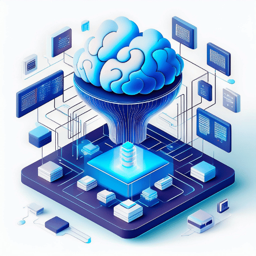 Isometric illustration of a virtual brain funneling information from a data point and connected to screens on a blue platform