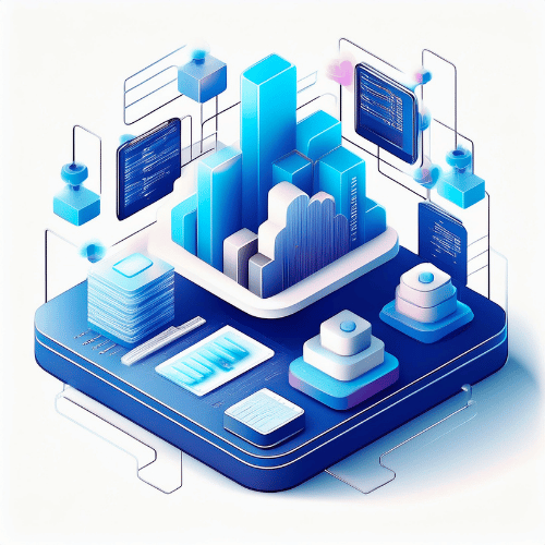 Isometric illustration of bar graphs integrated with a cloud on a blue platform surrounded by data houses and connections
