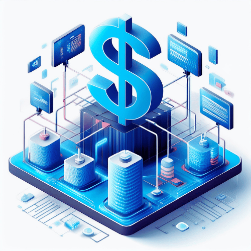 Isometric illustration showing an American dollar sign positioned above a data bank that transfers information to display units and data silos