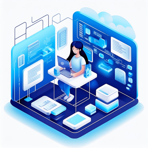 Isometric illustration platform with a female project manager sitting at a desk and working on a laptop with data points connecting in the background