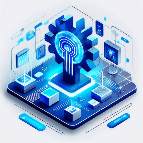 An isometric illustration of a cog on a blue platform with neural networks running from the cog to the various data stacks and screens