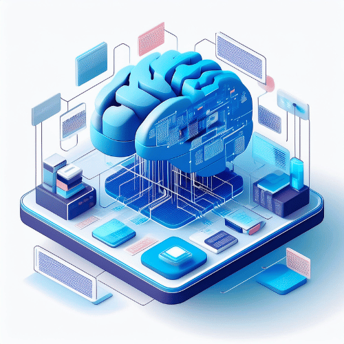 Isometric illustration of a virtual brain with a cross-section displaying data being shared via neural networks to the data stacks on a platform.