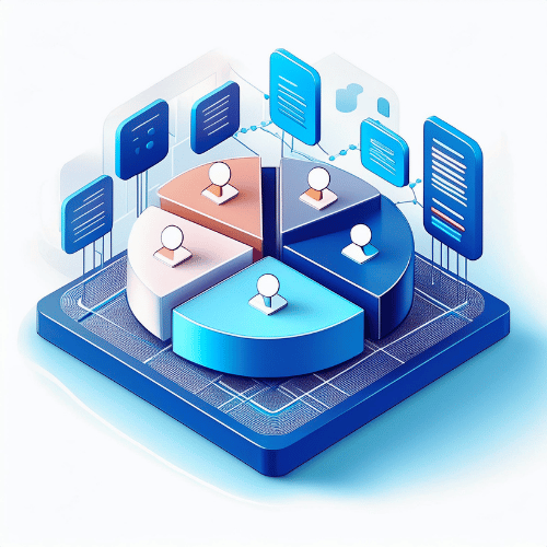 Isometric illustration of a pie chart with each segment displaying a person's head icon surrounded by display screens on a platform